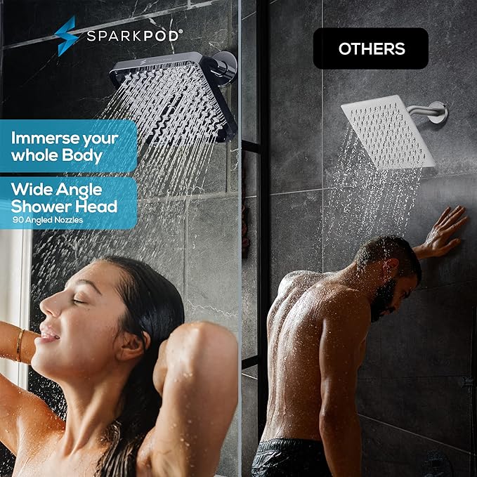 SparkPod Shower Head - High Pressure Rain - Premium Quality Luxury Design - 1-Min Install - Easy Clean Adjustable Replacement for Your Bathroom Shower Heads (Charcoal Grey, 8 Inch Square)