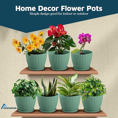 Mint 6-Inch Plant Pots with Drainage & Saucers 3 Pack, Indoor & Outdoor Planters for Houseplants, Herbs, and Flowers, Durable & Weatherproof Material, Stackable, Lightweight, Minimalist Design
