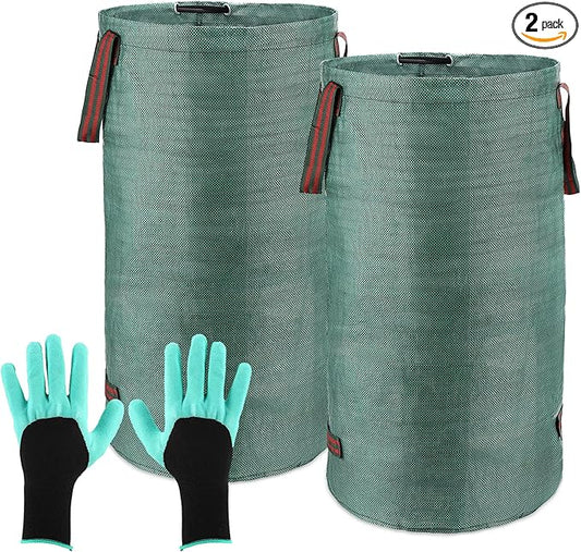 abcGoodefg 2 Pack 32 Gallon Lawn And Leaf Bags Havey Duty, Reusable Yard Waste Bags with Handle, Garden Bags With Gardening Gloves, Camping Yard Recycling Bag For Leaves