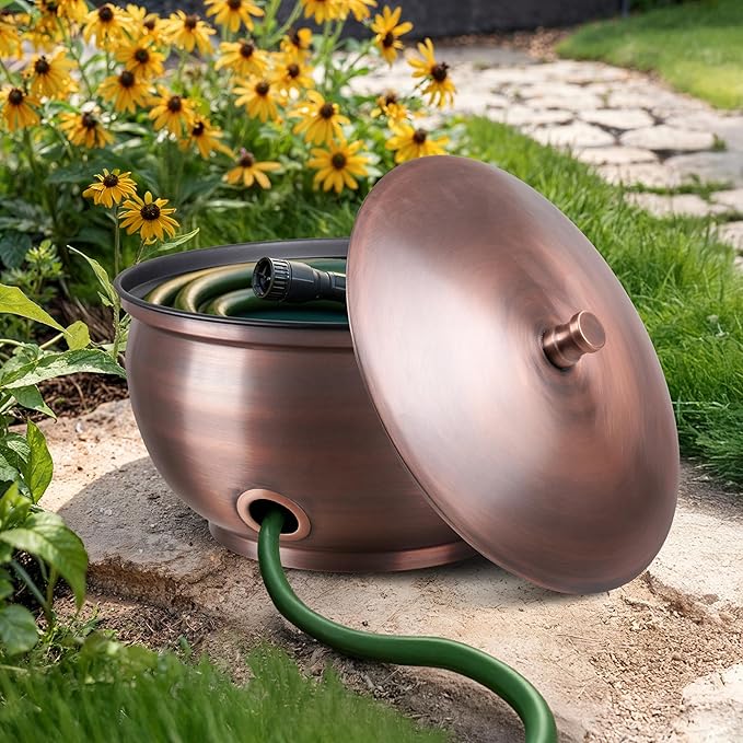 Monarch Abode Garden Hose Holder with Lid – Decorative Water Hose Holders for Outside, Smooth Metal Antique Copper Pot with Drainage, 100ft Waterhose Holder for Outside, Garden Storage Caddy