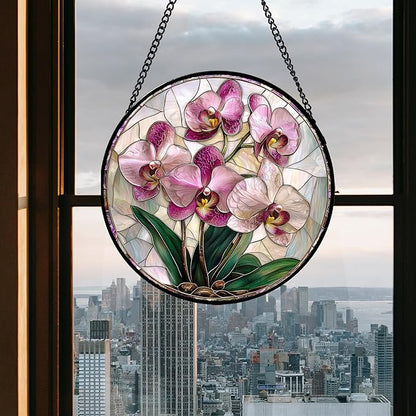 Stained Glass Window Hanging - Pink Purple Phalaenopsis Flowers Sun Catcher for Door Home Decor Plant Suncatcher Christmas Mother's Day Birthday Gifts for Women Men Mom Nana 9.8 in