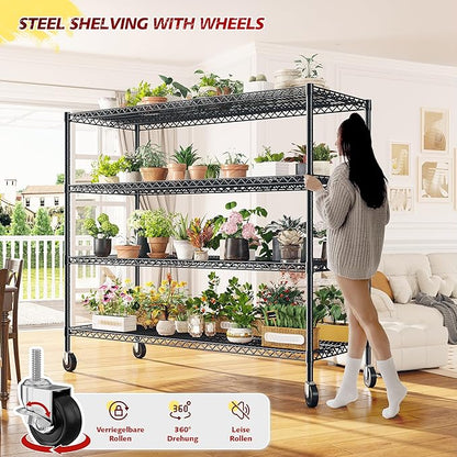 REIBII 75.6" H Storage Shelves Metal Shelving Unit with Wheels 55''W Garage Shelving Heavy Duty Wire Shelves for Storage Rack Adjustable Pantry Shelf Commercial Shelving, 75.6" H X 55.5''W X 24" D