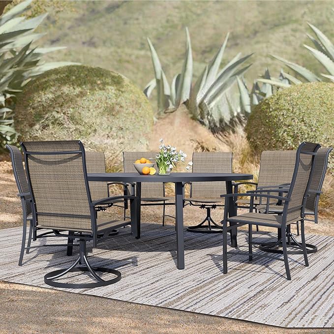 9 Piece Outdoor Dining Set, 60" Black Round Outdoor Dining Table with 4 Mocha Swivel Outdoor Dining Chairs and 4 Fixed Patio Table and Chair Set of 8 for Lawn, Garden, or Porch