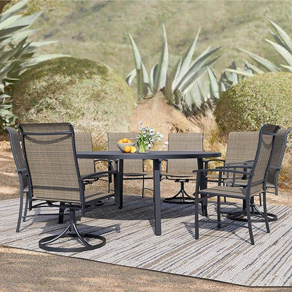 9 Piece Outdoor Dining Set, 60" Black Round Outdoor Dining Table with 4 Mocha Swivel Outdoor Dining Chairs and 4 Fixed Patio Table and Chair Set of 8 for Lawn, Garden, or Porch