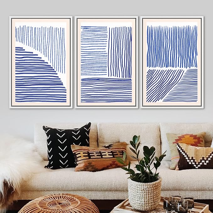 Ashbrook Framed Wall Art Print Set Navy Blue Geometric Color Block Lines Abstract Shapes Illustrations Modern Art Boho Scenic Colorful Chic for Living Room, Bedroom, Office - 24"x36"x3 White