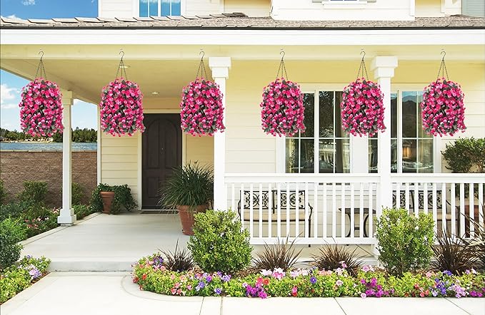 Artificial Flowers in Hanging Basket for Outdoors Indoors Decor, Artificial Mums Bush Flowers Plants with Baskets for Home Porch Garden Yard Patio Spring Summer Decoration (Rose Red)