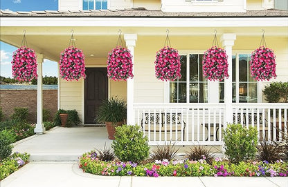 Artificial Flowers in Hanging Basket for Outdoors Indoors Decor, Artificial Mums Bush Flowers Plants with Baskets for Home Porch Garden Yard Patio Spring Summer Decoration (Rose Red)