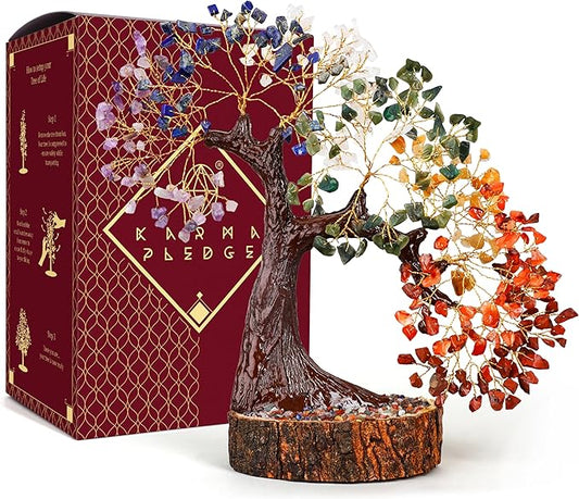 KARMAPLEDGE Crystal Tree of Life 7 Chakra Healing Crystal Trees for Home, Office Desk Decor, Handmade Bonsai Trees for Positive Energy, Money, Good Luck Birthday Gifts for Women, Mom (500 Beads)