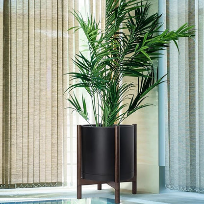 D'vine Dev Planter Pot with Stand - 16 Inch Plastic Cylinder Flower Pot with Wood Planter Holder for Indoor, Matte Black Pot + Walnut Color Stand, 55-C-X-2