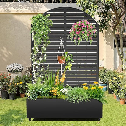 Metal Raised Garden Bed with Trellis, 2-in-1 Planter Box & Privacy Screen for Climbing Plants, Outdoor Standing Flower Bed with Drainage Holes, 47.2" L x 16.7" W x 70.8" H, Black-Louvered