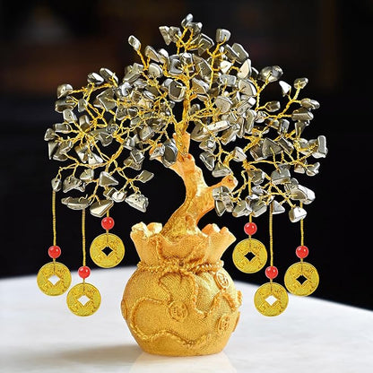 Pyrite Crystal Tree with Artificial Coin Pot Base Bonsai for Home & Office Decor Good Luck 6 Feng Shui Coins Money Wealth Tree Golden Crystal Spiritual Gifts for Women Mom Sister Desk Bookshelf Decor