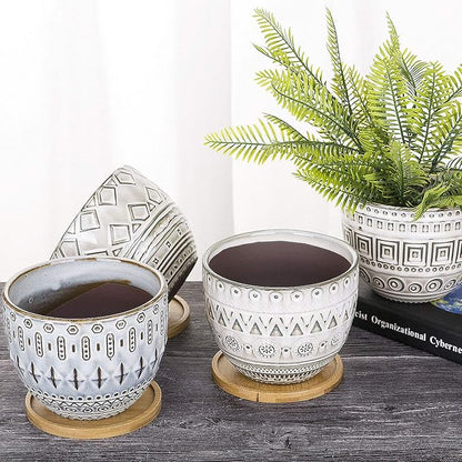 VanEnjoy 5.5 inch Large Round Bohemian Style Ceramic Planter, Geometry Engrave Off White Brown Succulent Planter Flower Pot, Indoor Outdoor Decorative Planter