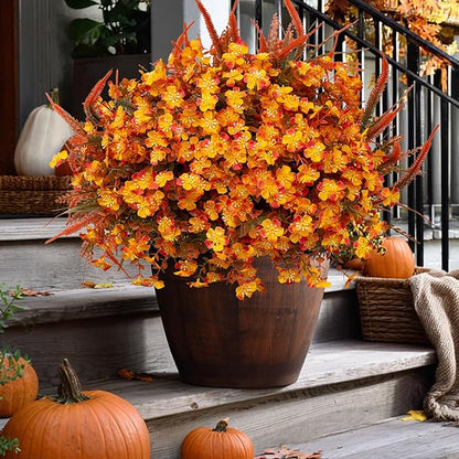 Artificial Fall Flowers for Outdoors Fake Mums - 16 Bundles Faux Fall Decor Plants No Fade Shrubs (16, OrangeGreen)