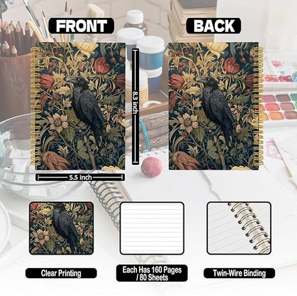 XPH William Morris Crow Spiral Notebook, Dark Cottagecore Journaling Notebooks for Note Taking, Vintage Floral Raven Hardcover Journal for Writing 160 Pages 5.5 x 8.3 Inch, Crow Gifts for Women