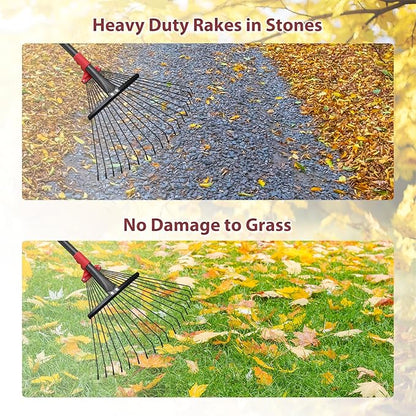 76 Inch Rake for Leaves, Adjustable 18 Metal Tines with Expandable Head Garden Rakes for Lawns Heavy Duty Metal Rake for Leaves Yard Gardening Grass Outdoor Debris