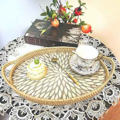 I-LAN 15 Inch Oval Rattan Woven Tray Basket with Beige MOP Wooden Base and Handles, Boho Wicker Coffee Table Serving Tray Décor with 2 Inch Wall, Handmade Display Basket for Countertop, L