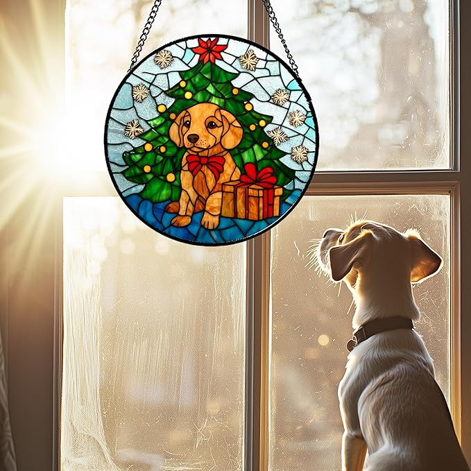 Stained Glass Window Hanging Green Christmas Tree Snowflake Dog Large 15" - Suncatcher Door Garden Sun Catcher Xmas Holiday Decor Birthday for Mom Men Woman Friend Nana
