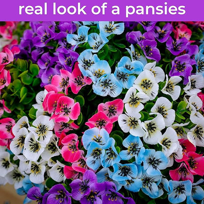 Artificial Pansies Outdoor Fake Plants - 16 Bundles UV Resistant No Fade Faux Shrubs Plastic Greenery Home Garden Porch Patio Decoration (16, Mixed03)