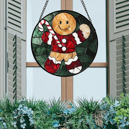 Stained Glass Window Hanging 4 Pcs Set Red Christmas Stockings and Gingerbread Large 11.8" - Suncatcher Door Garden Sun Catcher Decor Birthday Mother's Day Xmas Gifts for Mom Woman Nana Men