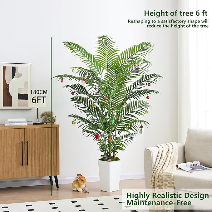 Artificial Palm Tree Indoor, 6FT Fake Floor Plants Large Tropical Silk Plant with White Tall Planter, Faux Areca Palm Plant Artificial Tree in Pot for Home Room Office Outdoor Patio Decor