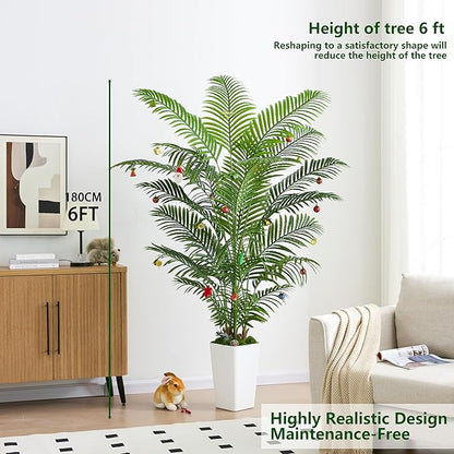 Artificial Palm Tree Indoor, 6FT Fake Floor Plants Large Tropical Silk Plant with White Tall Planter, Faux Areca Palm Plant Artificial Tree in Pot for Home Room Office Outdoor Patio Decor