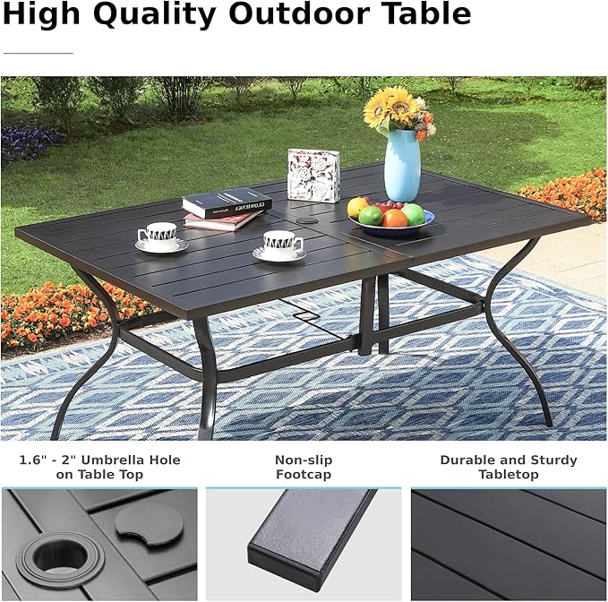 MFSTUDIO 7-Piece Metal Outdoor Patio Dining Furniture Set with 6 Swivel Armrest Chairs and Steel Frame Slat Larger Rectangular Table with 1.57 Umbrella Hole for Poolside, Porch, Backyard