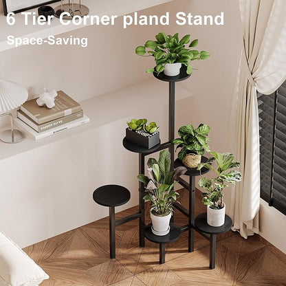 6 Tier Corner Plant Stand Indoor Outdoor, Tall Large Plant Shelf for Multiple Plants, Tiered Flower Pot Holder, Metal Display Plant Shelves for Living Room, Balcony, Patio, Garden (Black)GPS514B