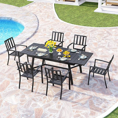 PHI VILLA 7 Pieces Outdoor Dining Set for 6, 84" Long Expandable Metal Table & Stackable Wrought Iron Chairs, Large Furniture Set for Patio, Deck, Yard, Porch - Black