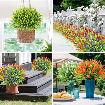 Ouddy Decor 24 Bundles Artificial Flowers for Outdoors, Fake Lavender Flowers Monkey Grass Faux Plastic Plants Shrubs UV Resistant for Porch Garden Window Box Office Home Decorations, Mixed