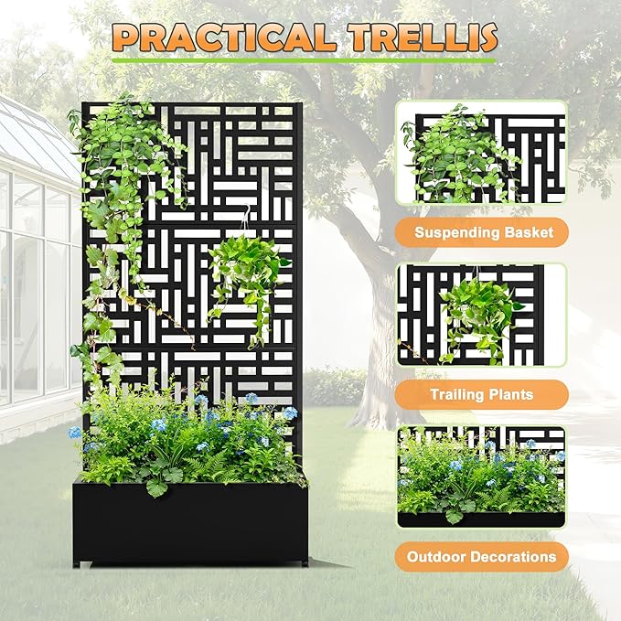Metal Raised Garden Bed with Trellis, 2-in-1 Planter Box & Privacy Screen for Climbing Plants, Outdoor Standing Flower Bed with Drainage Holes, 35.4" L x 15.7" W x 70.1" H, Black-Helen