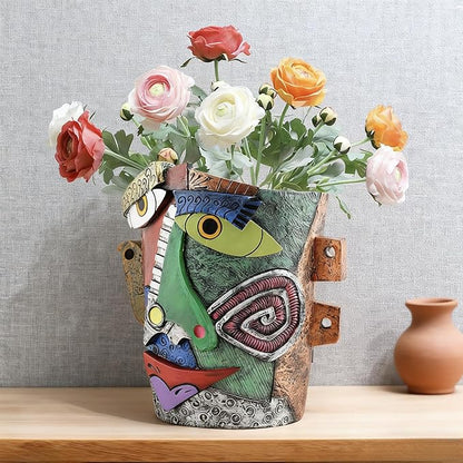 Picasso Abstract Face Flower Pot,Unique Resin Crafted Planter with Drainage Holes,Interesting Colorful Planter with Human face,for Indoor and Outdoor Botanical Home décor (Frown)