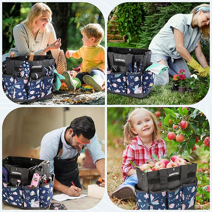 WORKPRO Garden Tool Bag, 9-Pocket Heavy Duty Oxford Tote Bag, Gardening Tool Kit Holder, 12" x 12" x 6" (Blue Insects)