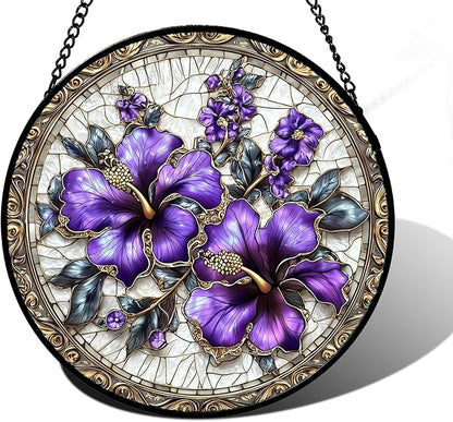 Stained Glass Window Hanging, Purple Flowers Romantic Suncatcher for Doors Home Sun Catchers Decoration and Christmas, Mother's Day Birthday Gifts for Women, Men, and Mom 9.8 in