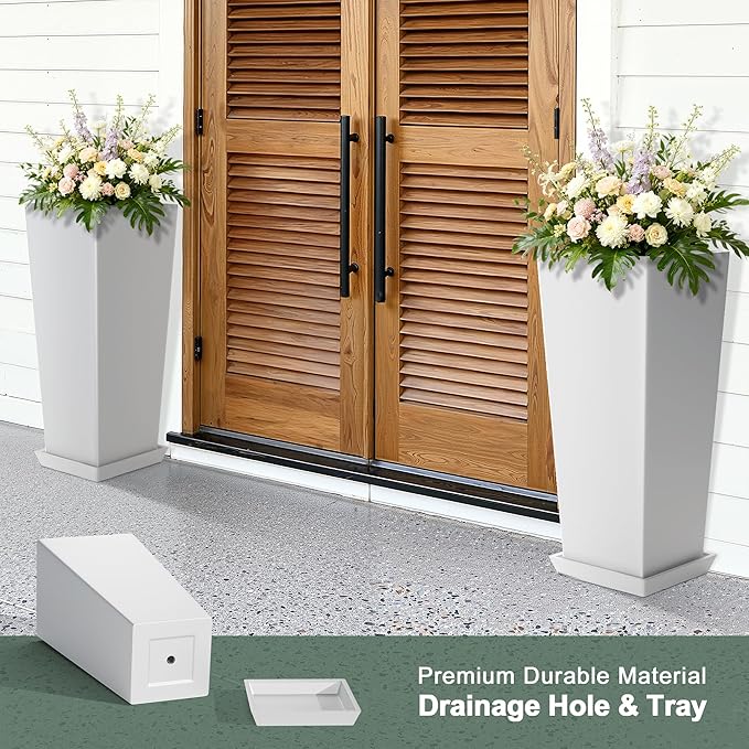 Set of 2 Tall Planters for Outdoor Plants with Drainage Tray, 24" Large Flower Pots for Front Porch Decor, Patio, Garden (White 24")