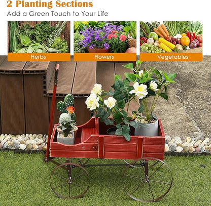Goplus Wagon Planter, Decorative Wooden Garden Planter with Wheels, 2 Planting Sections and Adjustable Handle, Indoor Outdoor Backyard Balcony Decor (Red)
