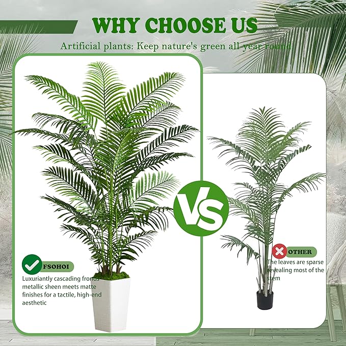 Artificial Palm Tree Indoor, 6FT Fake Floor Plants Large Tropical Silk Plant with White Tall Planter, Faux Areca Palm Plant Artificial Tree in Pot for Home Room Office Outdoor Patio Decor