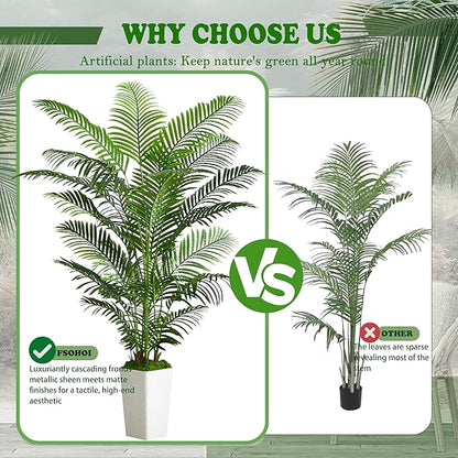 Artificial Palm Tree Indoor, 6FT Fake Floor Plants Large Tropical Silk Plant with White Tall Planter, Faux Areca Palm Plant Artificial Tree in Pot for Home Room Office Outdoor Patio Decor