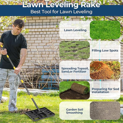 Professional Lawn Leveling Rake with 17x10in Heavy-Duty Stainless Steel Head & 60" Adjustable Handle - Grass Leveling Tool for Quick Soil Grading, Thatch Removal and Yard Maintenance