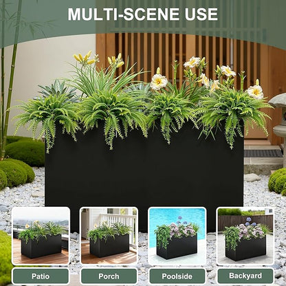Metal Tall Planter Box for Outdoor Plants, Flowers, Rectangular Black Planters for Front Porch, Garden, with Drainage Holes, All Weather Use, 32" L x 10" W x 16" H