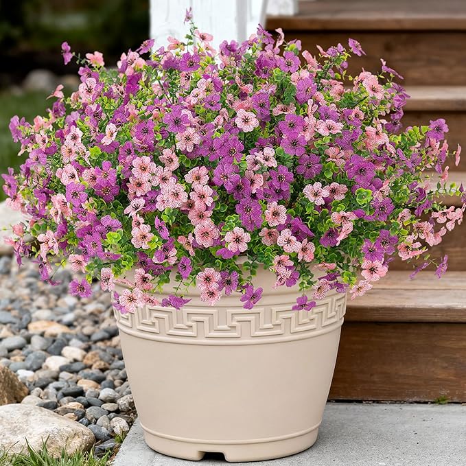 Artificial Fake Mums Flowers for Outdoor Fall Decor, 12 Bundles Faux Silk Daisy Plants for Planter Pot Colorful UV Resistant Look Real for Front Door Porch Patio Outside Yard(Purple Pink)