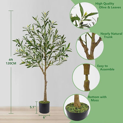 Artificial Olive Tree, 4ft Tall Fake Olive Leaves Plant with Basket, Indoor Outdoor Faux Olive Topiary Silk Tree for Home Livingroom Office Décor