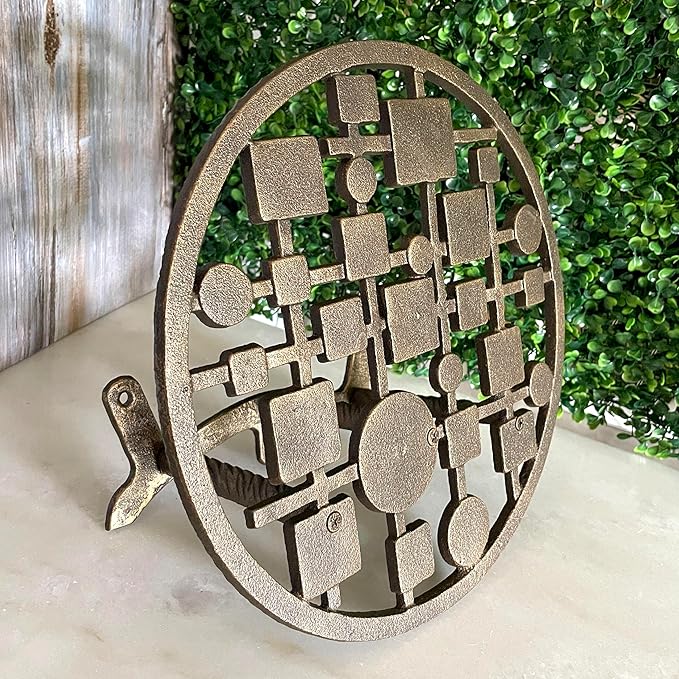 Mid-Century Modern Cast Iron Circles & Squares Hose Holder – Bronze Finish, Wall-Mounted, Weather Resistant, Durable Outdoor Storage, 11.75 Inch Diameter