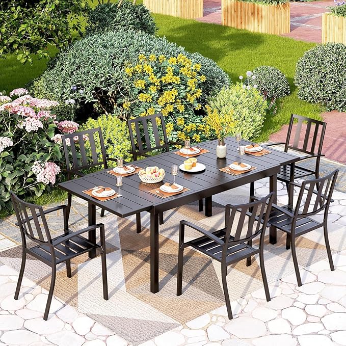 PHI VILLA 7 Pieces Outdoor Dining Set for 6, Expandable Rectangular Metal Dining Table & Stackable Wrought Iron Chairs, Large Furniture Set for Patio, Deck, Yard, Porch