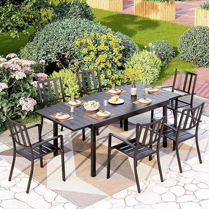 PHI VILLA 7 Pieces Outdoor Dining Set for 6, Expandable Rectangular Metal Dining Table & Stackable Wrought Iron Chairs, Large Furniture Set for Patio, Deck, Yard, Porch