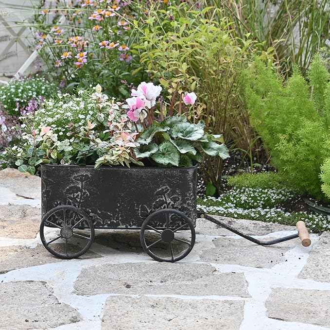 Flower Cart with Wooden Handles, Metal Wagon Planters for Outdoor Plants, Garden Planter with Wagon Wheels, Decorative Wheelbarrow, Plant Cart for Patio Garden Balcony (Black)