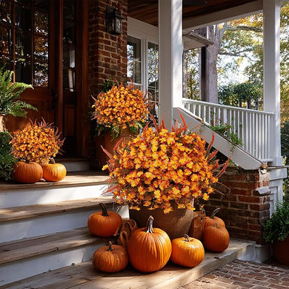 Artificial Fall Flowers for Outdoors Fake Mums - 16 Bundles Faux Fall Decor Plants No Fade Shrubs (16, OrangeGreen)