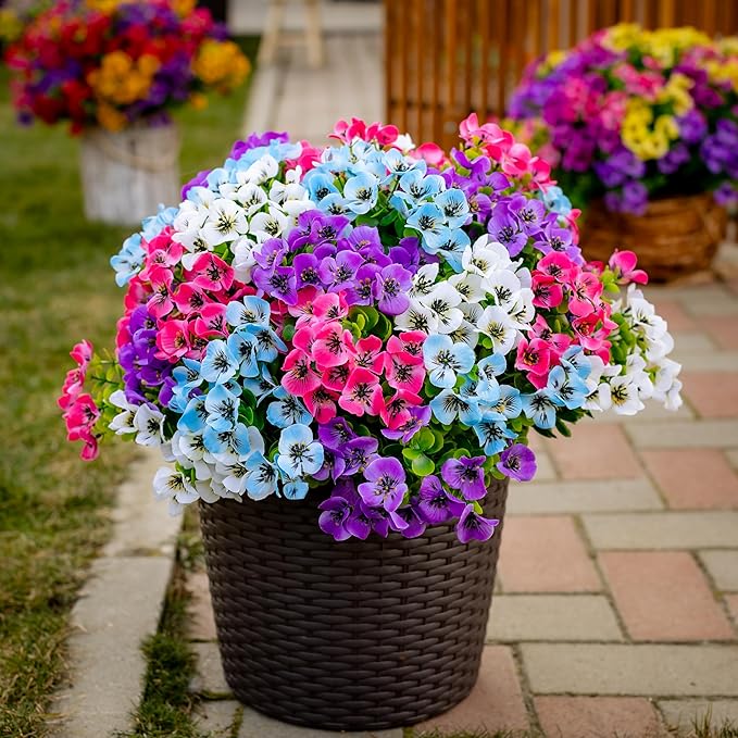 Artificial Pansies Outdoor Fake Plants - 16 Bundles UV Resistant No Fade Faux Shrubs Plastic Greenery Home Garden Porch Patio Decoration (16, Mixed03)
