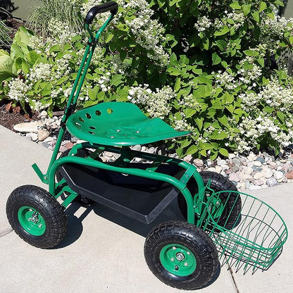 Sunnydaze Garden Cart with Wheels - Garden Stool on Wheels - Rolling Gardening Seat with Extendable Handle - Swivel Seat - Green