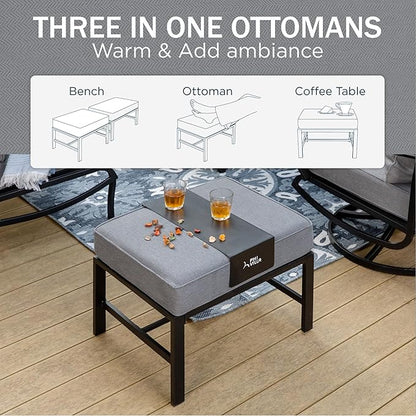 PHI VILLA 5 PCS Patio Furniture Set,Metal Deluxe Patio Set with 1 x 3 Seater Deep Seating Bench, 2 x Swivel Sofa Chairs & 2 x Metal Cushioned Ottoman, Outdoor Patio Set for Garden, Grey