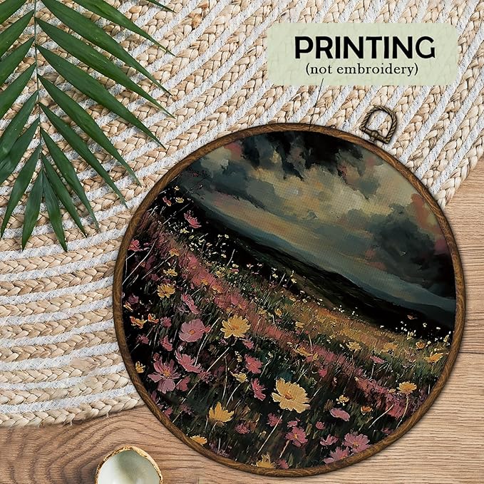 cvjutf Dark Academia Wildflower Wall Art Decor Framed, Vintage Moody Dark Cottagecore Floral Round Wall Decor, Rustic Country Flower Landscape Canvas Prints Art for Home Bedroom Living Room, 10x10In